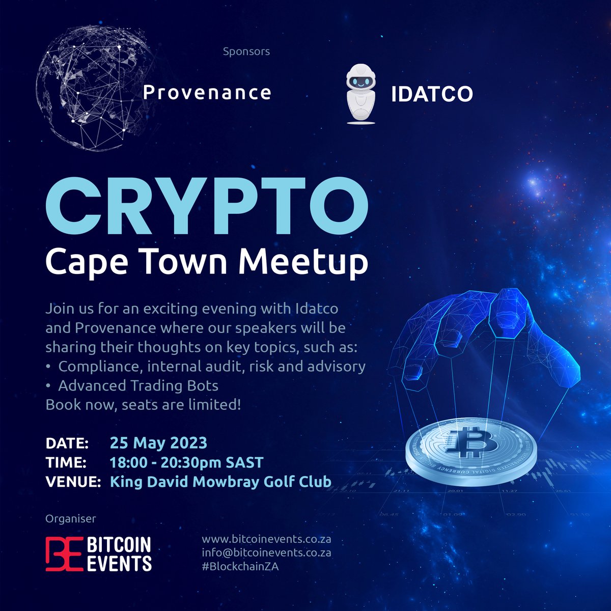 BitcoinEventsCo's tweet image. 🚀 Yo #crypto #hodl'ers, friends & countrymen/women!
Brace yourselves for our epic first #Crypto #CapeTown meetup of 2023! It's gonna be lit!
Join the hype and become part of this Crypto Meetup goin' down in Cape Town, courtesy of Bitcoin Events.
Our sponsors, IDATCO and…