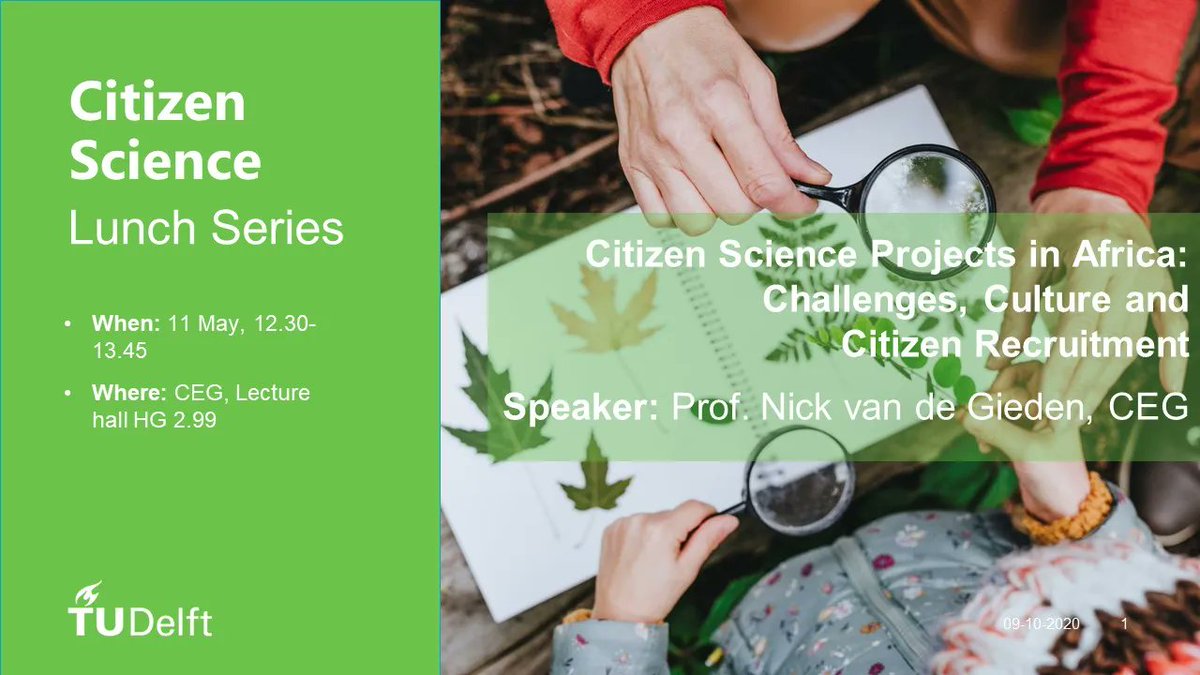 Are you interested in #CitizenScience? Would you like to learn more about challenges, culture and recruitment for #CitizenScience projects in the African context? Join out lunch today at the Faculty of Civil Engineering and find out more from Nick van de Giesen @nvandegiesen