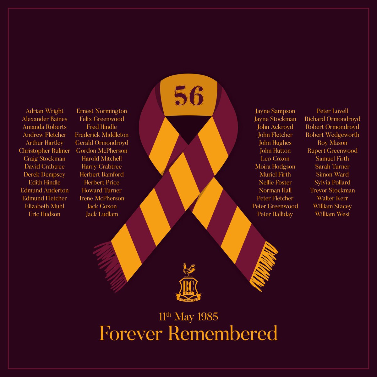 Please take a moment today to remember the 56 people who lost their lives and the hundreds more who were injured in the Bradford City stadium disaster on this day in 1985. 🙏