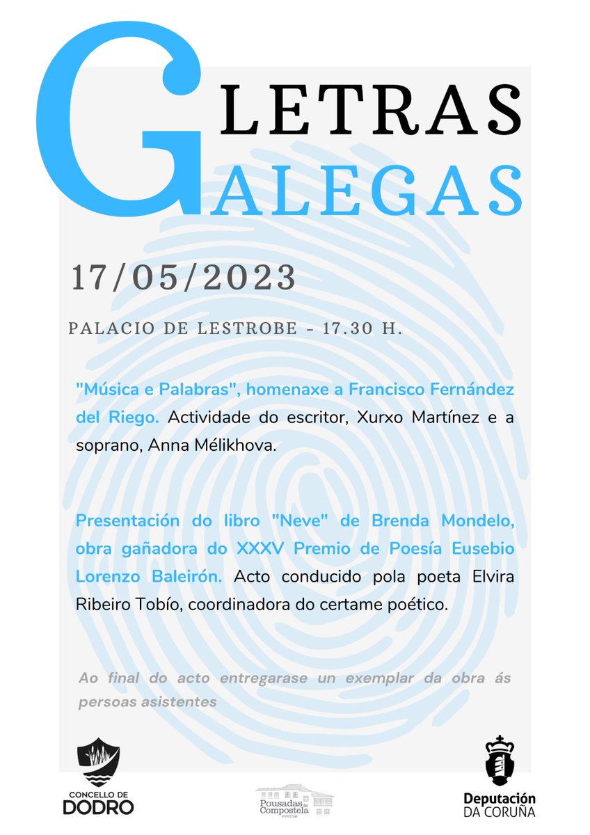 Concello de Dodro (@conc_dedodro) on Twitter photo ๐ร๐ ๐๐๐ ๐๐๐๐๐๐ ๐๐๐๐๐๐๐
No Palacio de Lestrobe รกs 17:30h
"๐รบ๐ฌ๐ข๐๐ ๐ ๐๐๐ฅ๐๐๐ซ๐๐ฌ" homenaxe a Francisco Fernรกndez del Riego
Presentaciรณn do libro"๐๐๐ฏ๐" ๐๐ ๐๐ซ๐๐ง๐๐ ๐๐จ๐ง๐๐๐ฅ๐จ, obra gaรฑadora do XXXV Premio de Poesรญa Eusebio Lorenzo Baleirรณn. ๐ร๐ ๐๐๐ ๐๐๐๐๐๐ ๐๐๐๐๐๐๐
No Palacio de Lestrobe รกs 17:30h
"๐รบ๐ฌ๐ข๐๐ ๐ ๐๐๐ฅ๐๐๐ซ๐๐ฌ" homenaxe a Francisco Fernรกndez del Riego
Presentaciรณn do libro"๐๐๐ฏ๐" ๐๐ ๐๐ซ๐๐ง๐๐ ๐๐จ๐ง๐๐๐ฅ๐จ, obra gaรฑadora do XXXV Premio de Poesรญa Eusebio Lorenzo Baleirรณn.