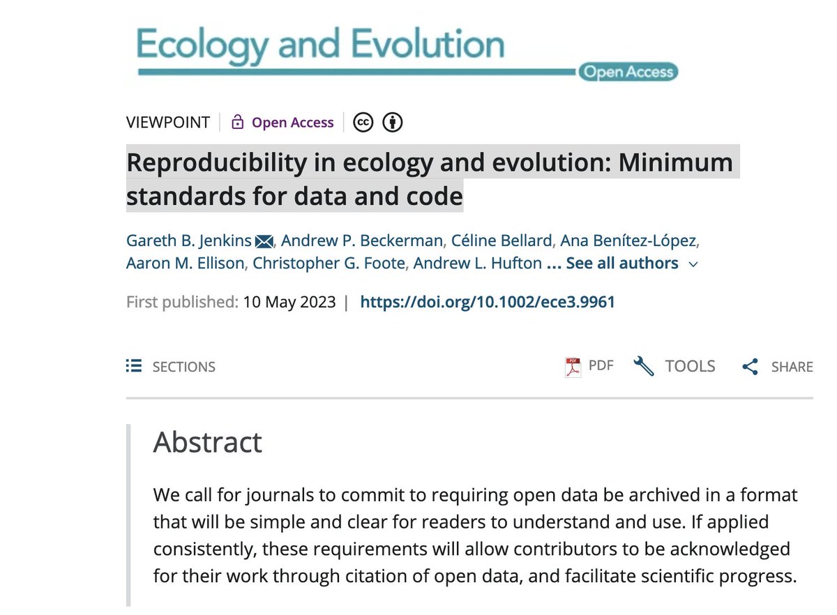 All journals in ecology and evolution should require open data &amp; code to be archived in a simple format for readers to understand and (re)use ! 👏 doi.org/10.1002/ece3.9…

at #CESAB <a href="/FRBiodiv/">FRB</a> we just openned a call #DataShare to move along this line ... bit.ly/3KClXTb 🤝