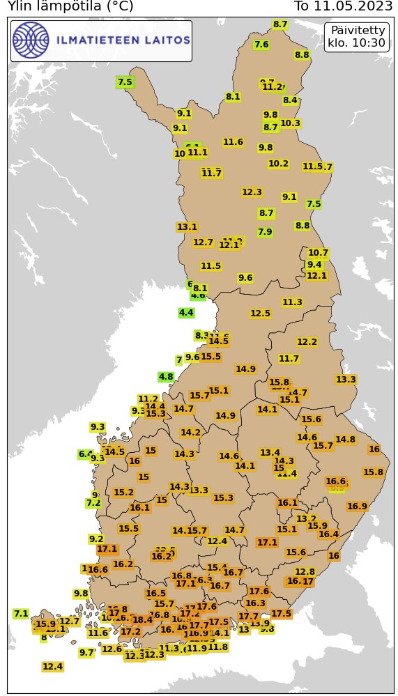 Kello on vasta 10.40 ja lämpötilat ovat jo reilusti 15 asteen. Korkein lämpötila on tällä hetkellä Salossa, 18,4 astetta. #ylesää