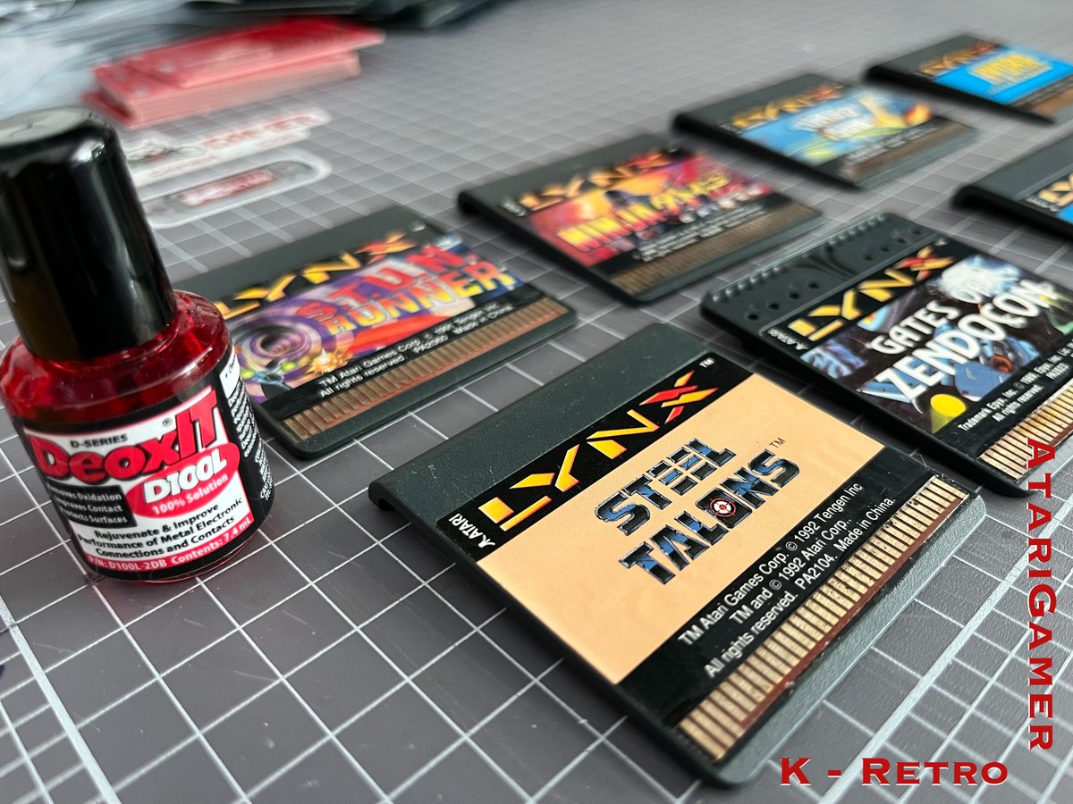 kretro_gaming's tweet photo. DeOxIt-ing a bunch of #AtariLynx loose carts. Will clean them up and they’ll be in the store! 😻
#RetroGaming #RetroGames #deOxIt #RetroHardware #RetroConsoles https://t.co/6toANEaExE