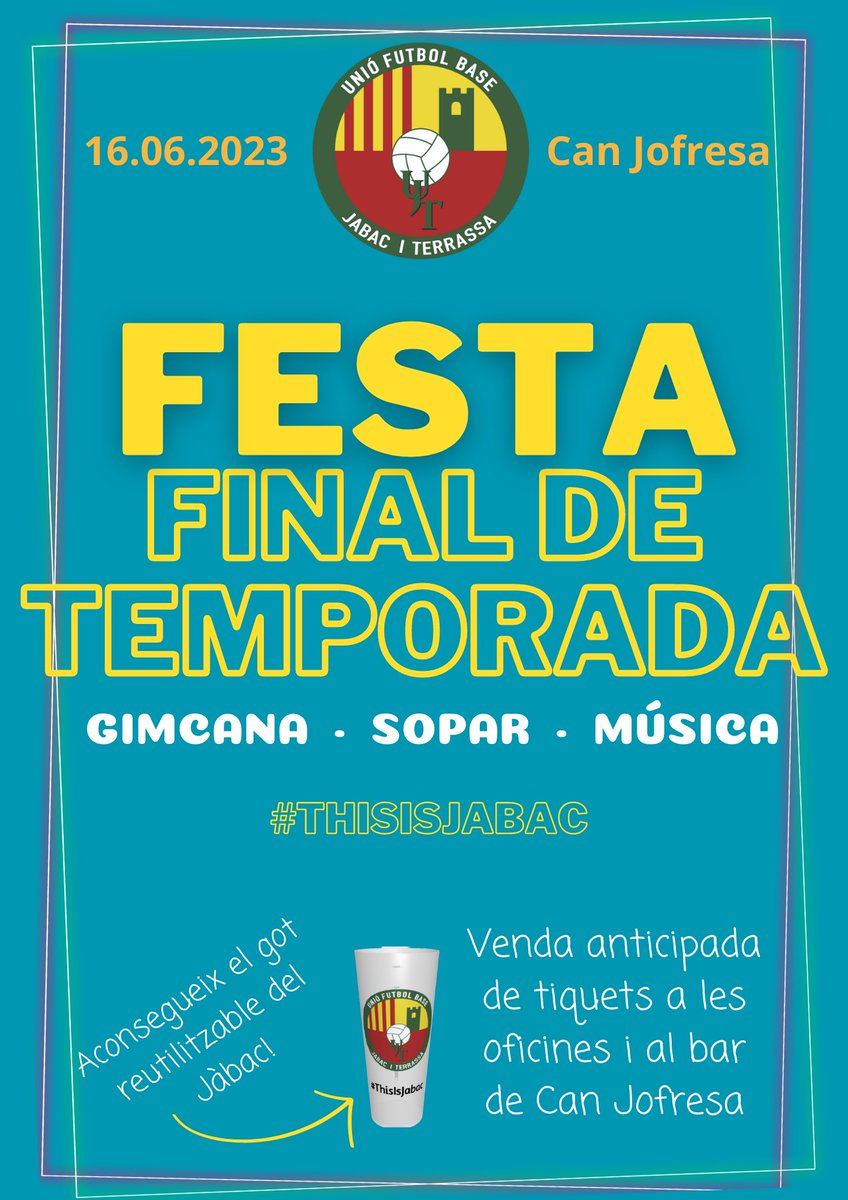 JabacTerrassa's tweet photo. 💥 ATENCIÓ! El 16 de juny farem una festa de comiat de la temporada!

⚽️ Tindrem activitats esportives per a jugadors/es.

🍗🥓 A partir de les 20h hi haurà botifarrada per a tothom.

I després… música, festa i bona companyia 🎉

Vindreu?? 👀

#ThisIsJabac #FinalTemporada https://t.co/VMlzGVmoBw