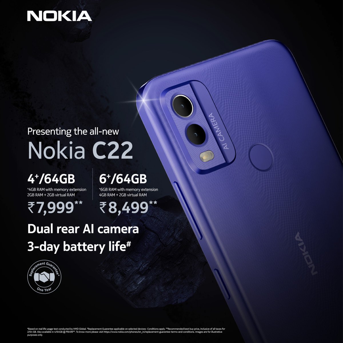 HMDdevicesIN's tweet photo. Introducing the all-new Nokia C22 comes with 4GB RAM + 2GB virtual RAM, 13MP dual rear camera, 1 year replacement guarantee and 3-day battery life to make you #LiveUntamed.
Pre-book now: https://t.co/tKvqK84hWj
#NokiaC22 https://t.co/FSSoImrkWZ