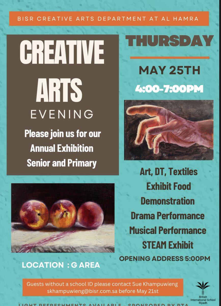 BISRCreates's tweet photo. #MarkyourCalendars our #BISR annual Creative Arts Evening is two weeks away! An evening of #Art, #DT and #Textiles exhibition. With #Drama and #Music performances. This year we are also including #STEAM. There will be light refreshments in the #DTFood kitchen. https://t.co/nMYoljeXDF