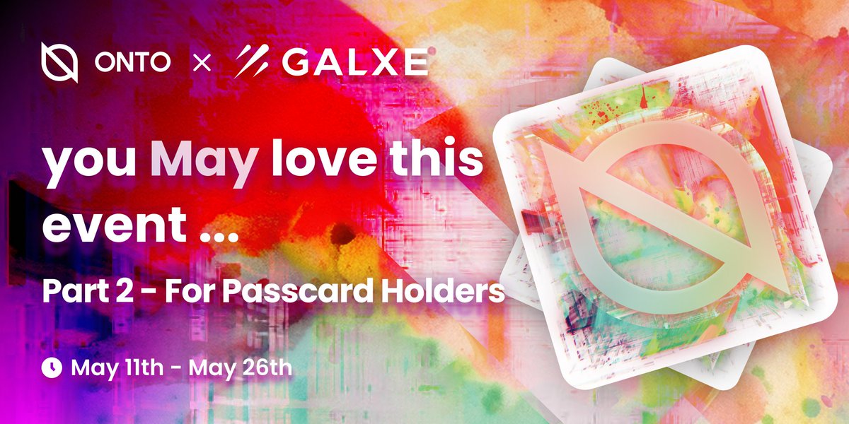 Kicking off Part 2 of our May event series with <a href="/Galxe/">Galxe</a> for #ONTO Passcard Holders 🔥🔥🔥

📅 May 11th–May 26th  

Complete all tasks to win #NFTs and more 🤑

Final eligibility will be based on the snapshot 📸

Join in the fun 👇
galxe.com/onto/campaign/…