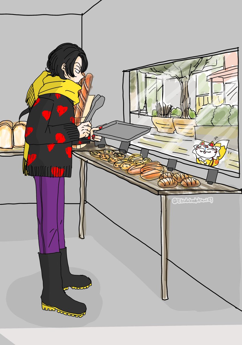 scarf 1boy food male focus boots black hair bread  illustration images