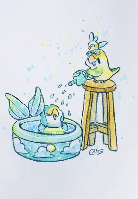 『コザクラちゃんのプールタイム』   今日は爽やかないい天気! こういう日は水浴びをするに限るね このあとのお昼寝も楽しみだなーー  #すみれのアとり絵 #透明水彩 #愛鳥週間 #コザクラインコ