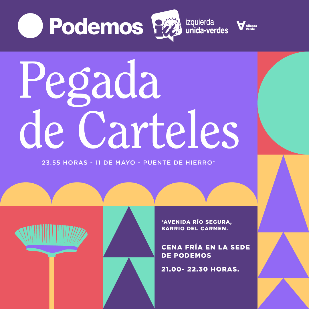 💜Recuerda que esta noche tenemos una cita para la pegada de carteles:

⌚23:55h
📍Puente de Hierro.

Pero primero disfrutaremos en la sede de Podemos de una cena fría a partir de las 21:00h. Te esperamos🤗