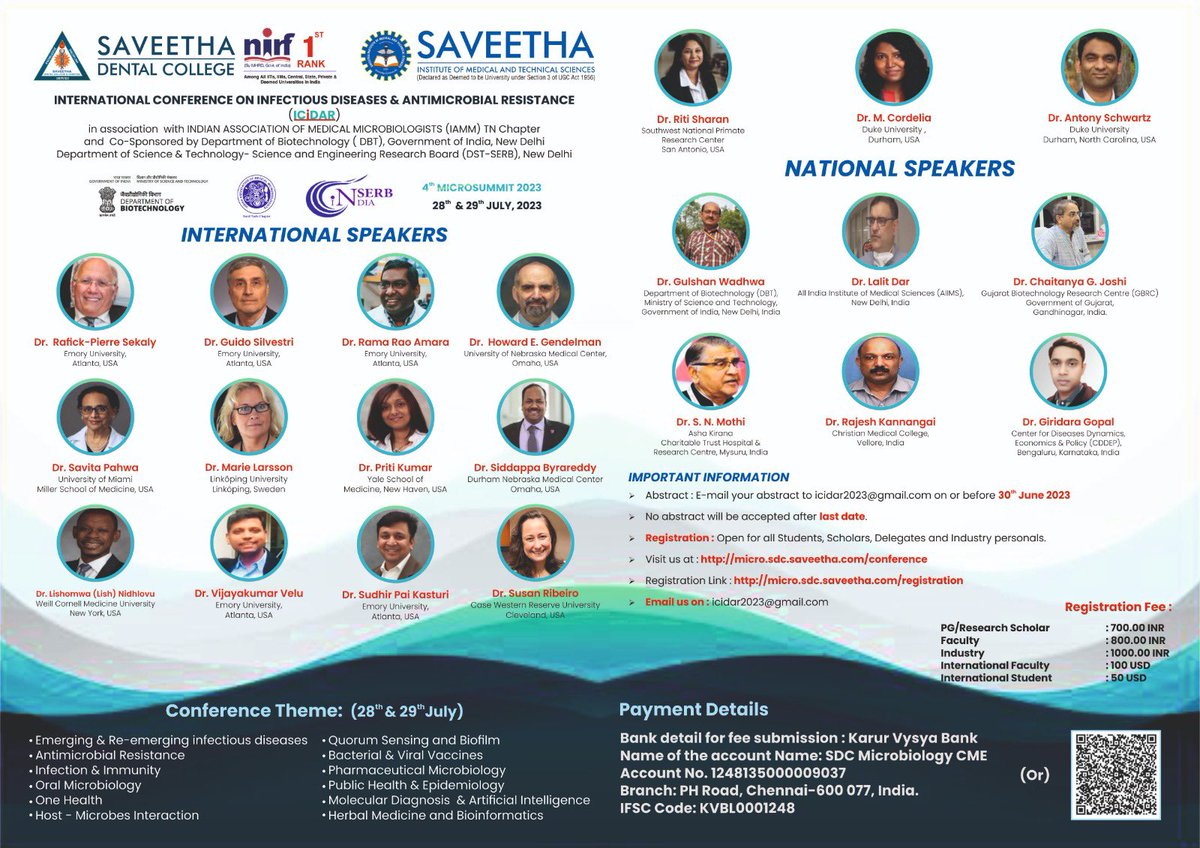 The much awaited 4th MICROSUMMIT 2023 first circular is released…Meet the legends on July 28th and 29th @saveethamicro @DentalSaveetha @SIMATS_Univ @SIMATS2 @VC_SIMATS 

#internationalconference #microbiology #AntimicrobialResistance #AMR #drugresistance #infection