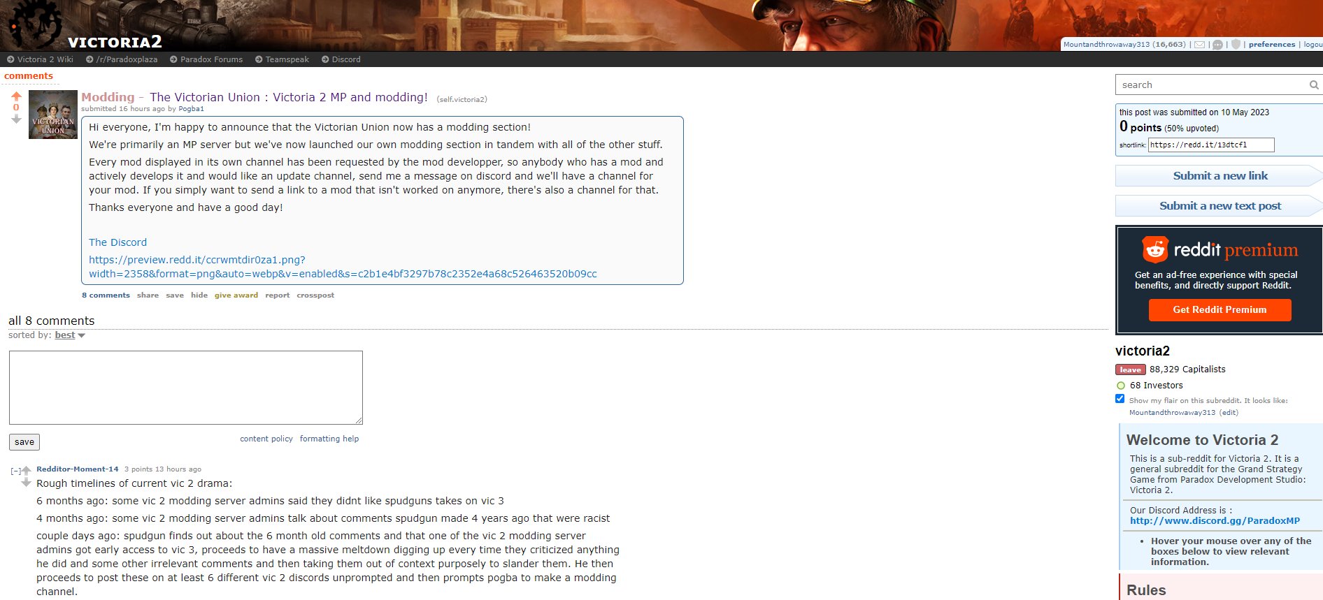 Spudgun Official on X: Advert for the Victorian Union's new modding  section gets brigaded by Vic2 Modding Server admins (3 of them are visibly  there in the comments, circumstantially there were probably