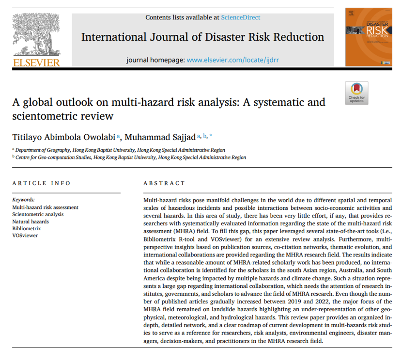 #alhamdulillah #newarticle

Our review on Multi-hazard Risk Analysis is published and available online in #IJDRR (IF: 4.842). Link below for details: bit.ly/3pu6s7S

#Risks #riskanalysis #riskmanagement #hazards #disasters #disasterriskreduction #disastermanagement