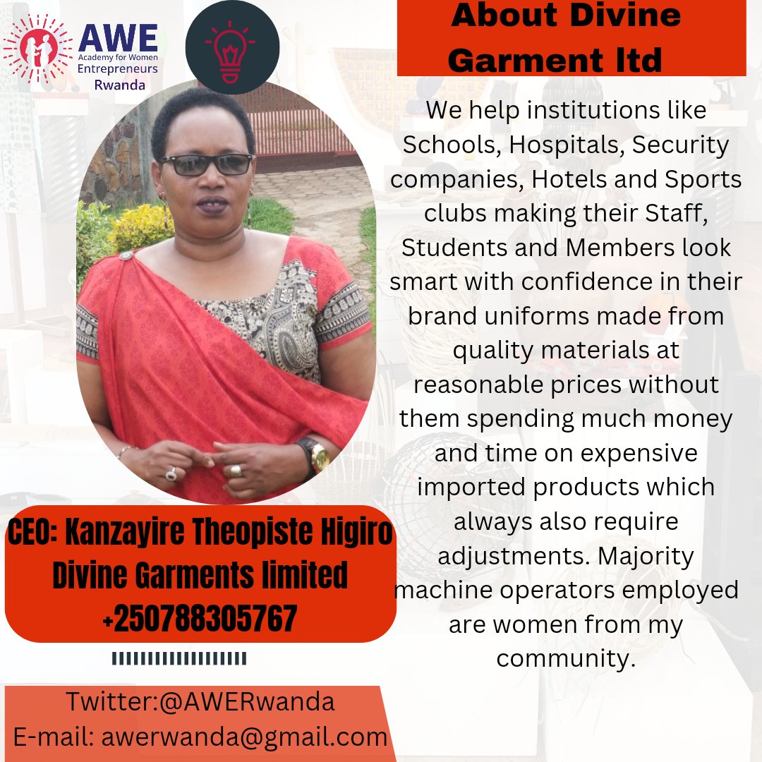 AWERwanda's tweet photo. #KanzayireTheopisteHigiro,the visionary of #DivineGarmentsLtd that helps institutions to look smart & confident in reasonably priced #QualityUniforms, thus employing women from local community & reducing the need for expensive imports.
#AWEstudentsolutions
#LocalEmpowerment https://t.co/xWndtulABR