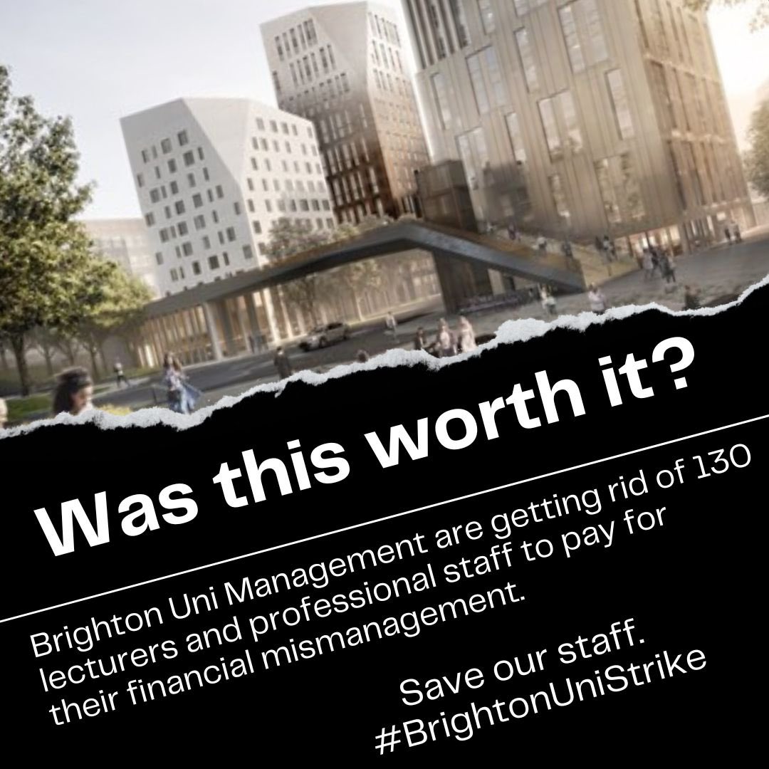 After squandering millions of pounds on new buildings Brighton Uni now want to cut 130 jobs. Sign the petition: change.org/p/no-redundanc… #BrightonUniStrike #SaveOurStaffBrighton