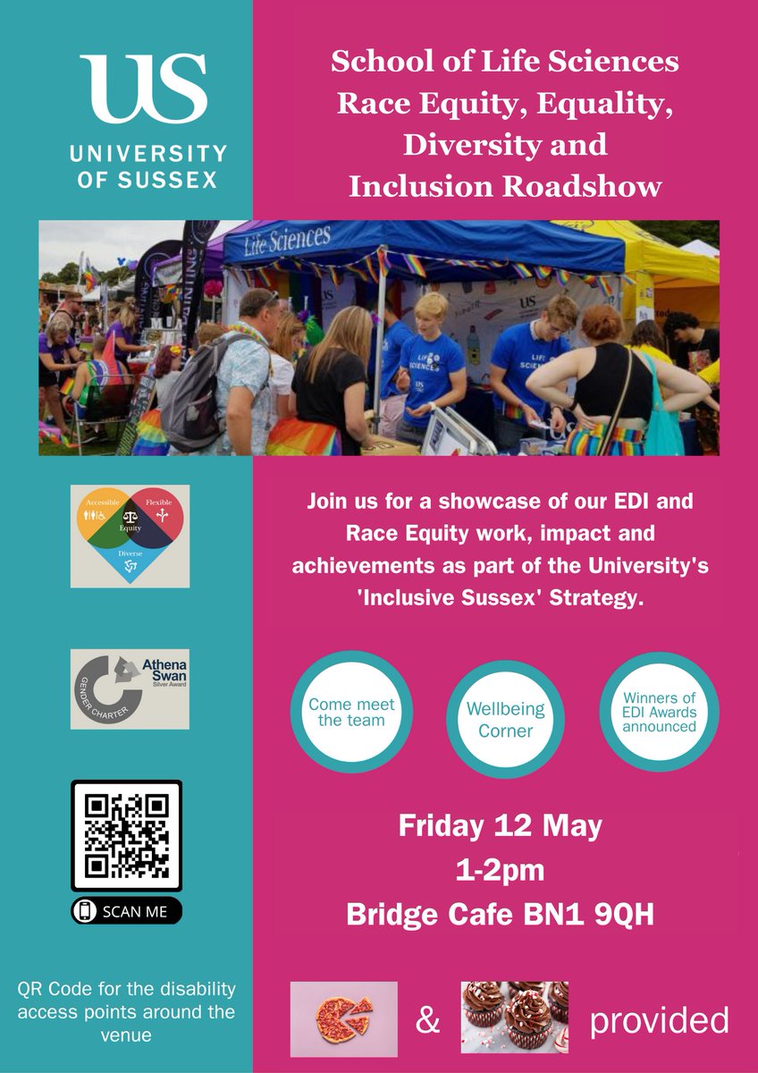 ChemistrySussex's tweet photo. Join the @SussexLifeSci EDI &amp; Race Equity Roadshow on Friday 12/5, 1pm in the Bridge Cafe. Meet the committee, find out about their work, enter the prize draw, enjoy pizza and cup-cakes! https://t.co/hT4GHfaM9B