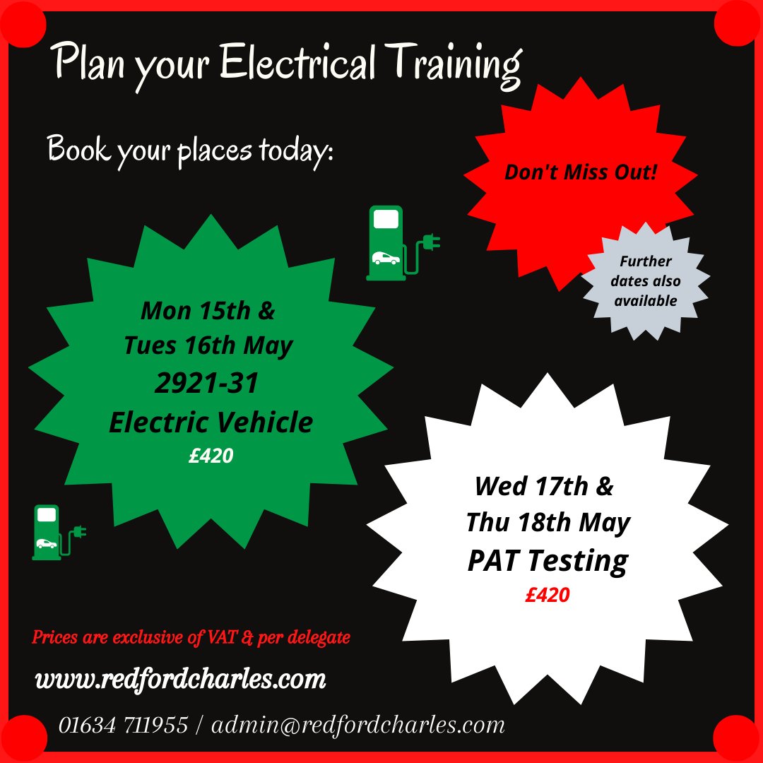 A couple of remaining places for next weeks courses... Don't miss out and book your place today.

#electricvehicle #pattesting #cityandguilds #electricaltraining #training #electrician #redfordcharles #electrical #kent #southeast