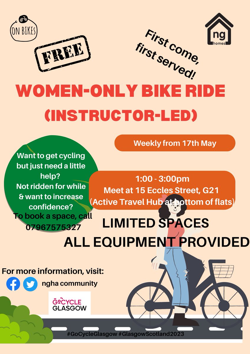 More ACTIVE TRAVEL news...
We are pleased to announce our first led bike ride!

In partnership with <a href="/_OnBikes/">On Bikes</a> we are offering FREE bike rides in local community for women-only, starting next Wednesday (17th May) from 1pm.

Get in touch for info or to book a space...

#ngactive
