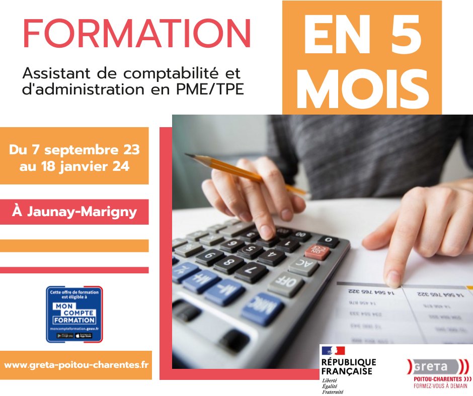 LeGretaPC's tweet photo. Ouverture formation au Titre #ASCA (Assistant de comptabilité et d'administration) à #jaunaymarigny du 7 septembre 2023 au 18 janvier 2024
Réunions collectives d'informations : 1er juin, 15 juin à 13h30 au #lp2i
Contactez-nous au 05 49 88 22 66
➡️ https://t.co/z54HIafUtA https://t.co/Xp33poMPfO