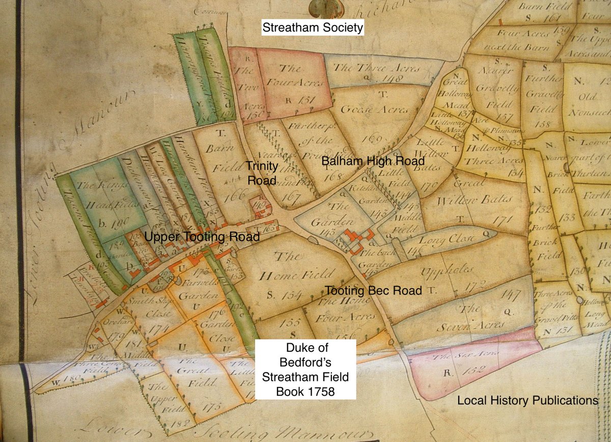 SocStreatham's tweet image. #ThrowbackThursday takes us back to 1722  and a fascinating map of Upper Tooting and Balham which includes land owned by the Duke of Bedford  and detailed in the Duke&apos;s  Streatham field book of 1758.
Courtesy John W Brown, Streatham Society Archivist #StreathamHistory #Oldmap