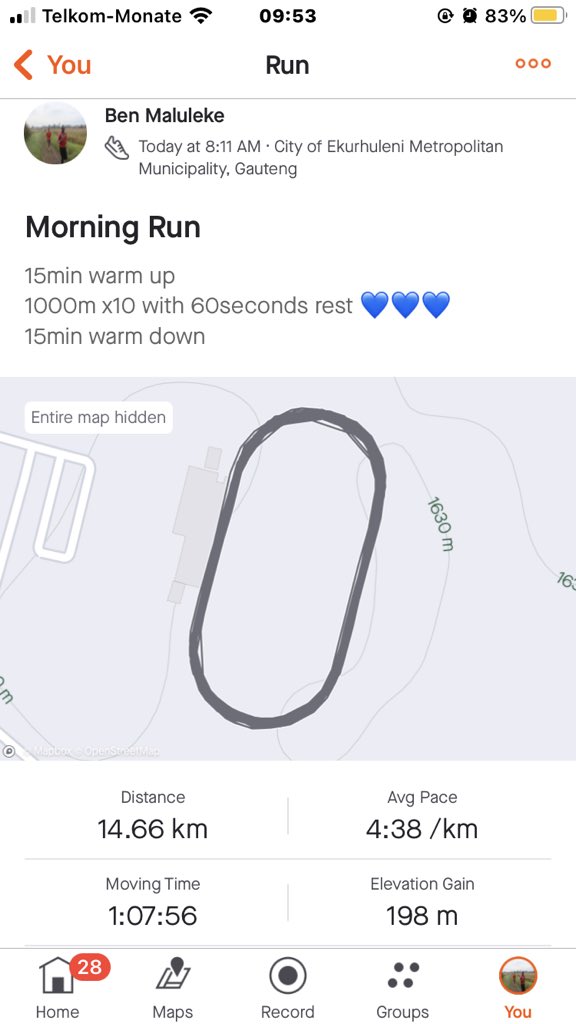 BenMaluleke300's tweet photo. Running is hard π₯΅π₯΅π₯΅
15min warm up π
1000m x10 with 60 sec restππ
15min warm down π
#TrapnLos
#RunningWithSoleAC
#BudgetRunsThursday
#IPaintedMyRun https://t.co/yEuWXO7R5t