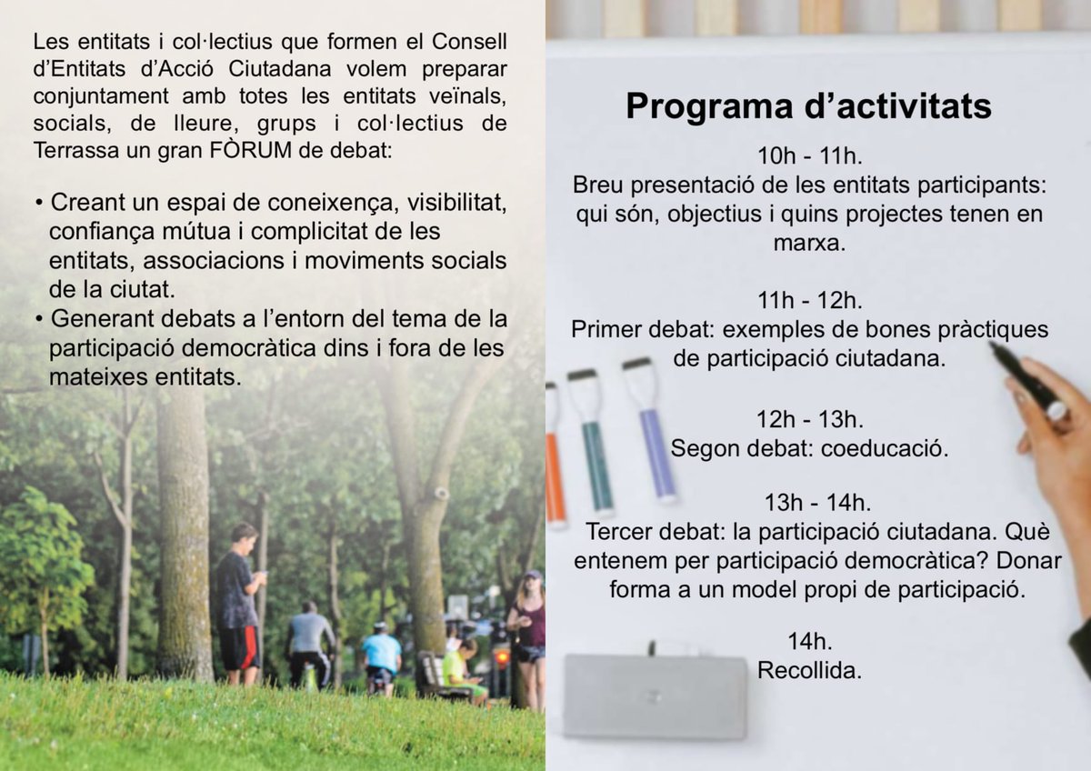 MonTerrassa's tweet photo. 🗣️Debat sobre l'estat de la participació ciutadana a #Terrassa, oferint exemples de bones pràctiques

📍Organitzat per @conselltrs  aquest dissabte 13 de maig de 10 a 14 hores a la Plaça Progrés https://t.co/xM39F9Y3Zx