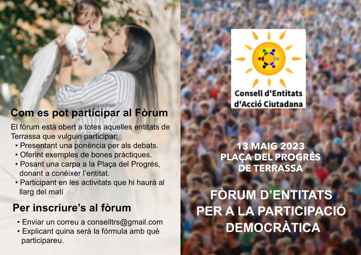 🗣️Debat sobre l'estat de la participació ciutadana a #Terrassa, oferint exemples de bones pràctiques

📍Organitzat per <a href="/conselltrs/">Consell Entitats TRS</a>  aquest dissabte 13 de maig de 10 a 14 hores a la Plaça Progrés