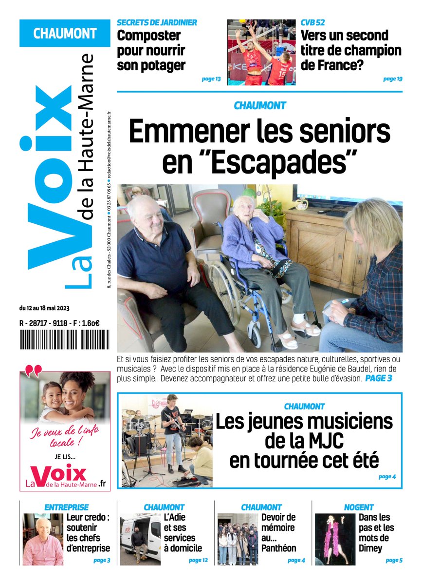 Voix_H_Marne's tweet photo. Les unes de la Voix de la #hautemarne du vendredi 12 mai 2023
---> Mieux accompagner les seniors #Chaumont
---> La friterie du Nord sur le départ #langres
---> Les joies de la guinguette mobile édition de #Saintdizier https://t.co/yCU0gcF0au