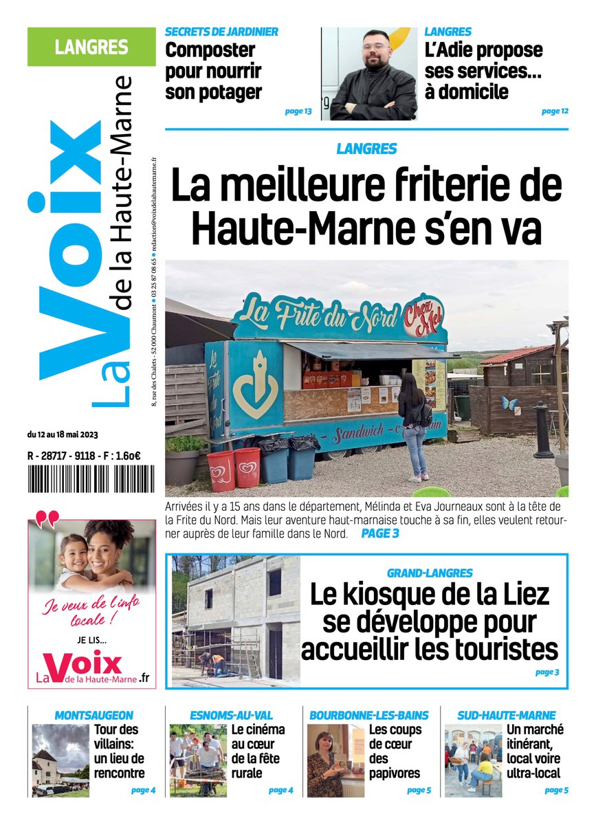 Voix_H_Marne's tweet photo. Les unes de la Voix de la #hautemarne du vendredi 12 mai 2023
---> Mieux accompagner les seniors #Chaumont
---> La friterie du Nord sur le départ #langres
---> Les joies de la guinguette mobile édition de #Saintdizier https://t.co/yCU0gcF0au