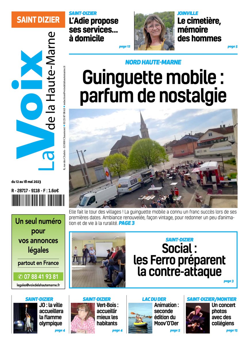 Voix_H_Marne's tweet photo. Les unes de la Voix de la #hautemarne du vendredi 12 mai 2023
---> Mieux accompagner les seniors #Chaumont
---> La friterie du Nord sur le départ #langres
---> Les joies de la guinguette mobile édition de #Saintdizier https://t.co/yCU0gcF0au