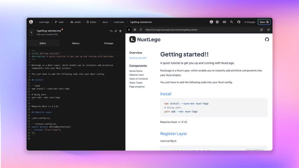 zernonia's tweet image. Loving @nuxtstudio! 😍
Edit your content
➡️ Instant Preview
➡️ Deploy changes!
...all from your browser!
#nuxtjs #nuxtstudio
