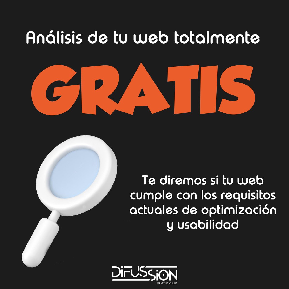 🔎 Analizamos tu página web GRATIS ‼️

Pásate por aquí y te diremos si tu web cumple con los requisitos actuales de optimización y usabilidad.

Sí, sí, gratis... 

difussion.net/solicite-anali…

#Difussion #MarketingOnline #DiseñoWeb #Gratis