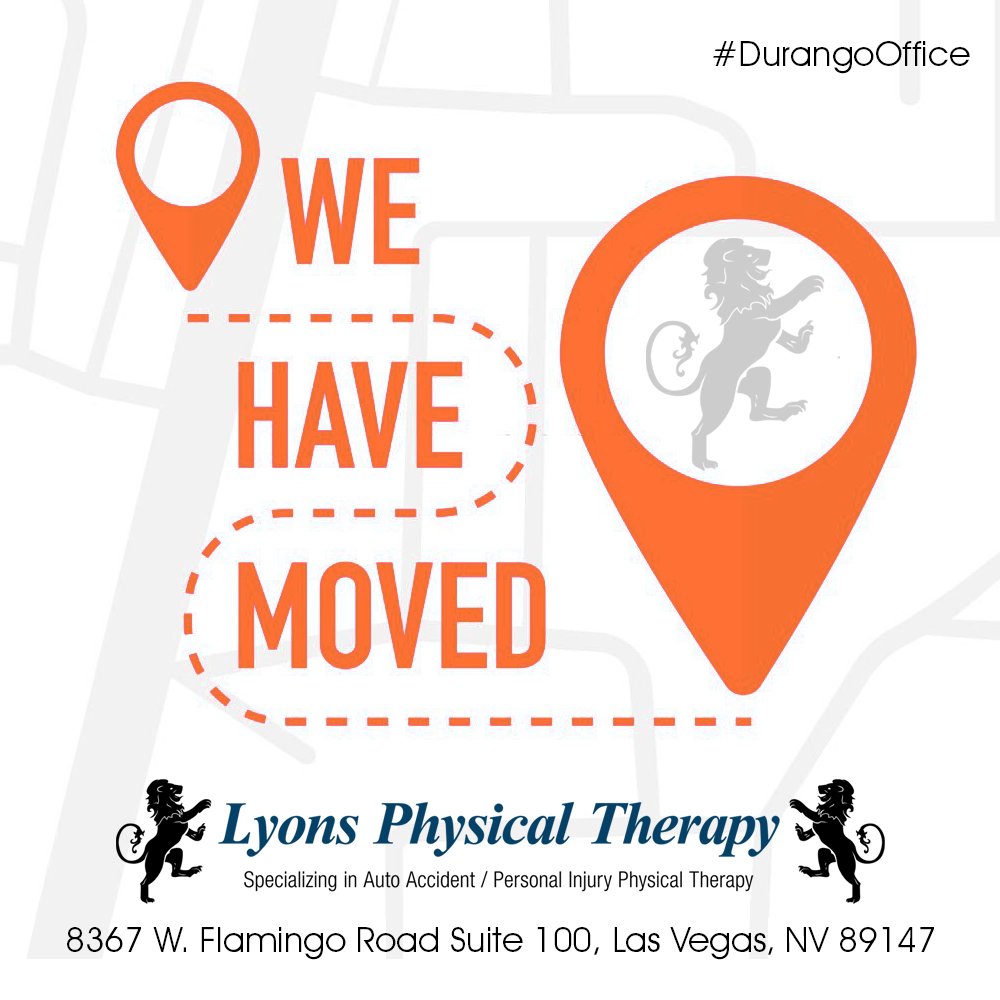 We hope you enjoyed our services at #Durango office and found it helpful in your recovery &amp; we are more excited at our new location.

8367 W. Flamingo Road Suite 100, Las Vegas NV 89147 

Call us today to book your appointment:
📞 702.954.4646

#newlocation #wehavemoved #lyonspt