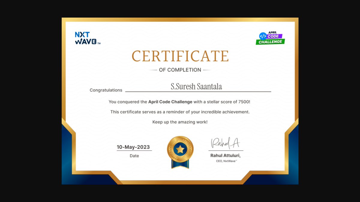 Suresh90704102's tweet image. Hello.. connections!! won these certificate as part of #aprilcodechallenge
#nextwave
#rahulatluri sir
#ccbpian 🎉