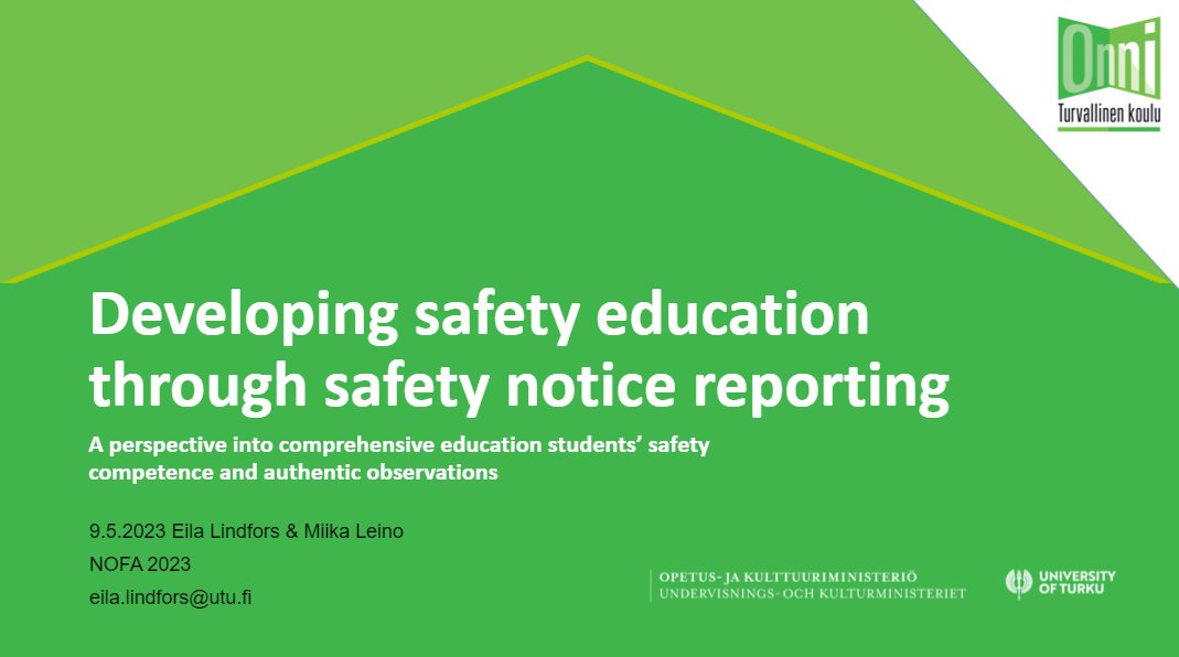ONNI_hanke's tweet photo. We are pleased to be taking part in the #NOFA9 conference @AboAkademi Vaasa. Our contribution is on developing safety education through safety notice reporting. Our project PI @LindforsEila presenting.
#safetyobservation #comprehensiveeducation #safety @utueducation @oklrauma https://t.co/0yKvsG4fxH
