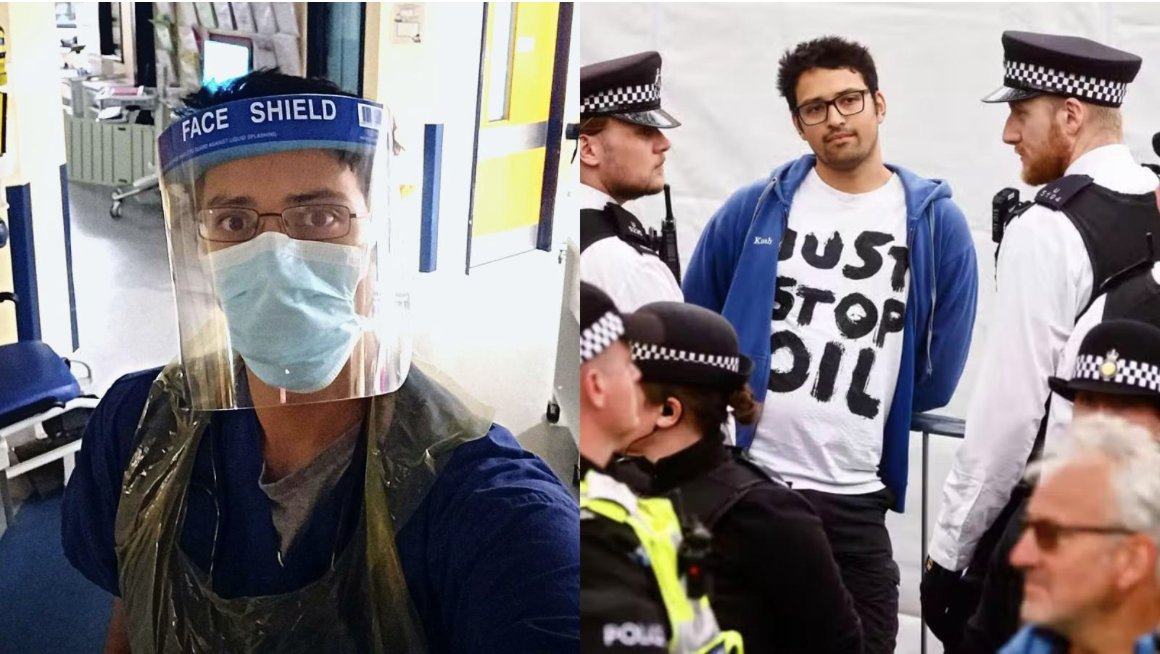 Good morning . Meet Kush , he is a 32 year old NHS doctor and last week he was arrested for wearing a t shirt . That is where we are at . His t shirt said @JustStop_Oil . What will yours say when you are arrested . . . because if you seriously think this will stop at environment