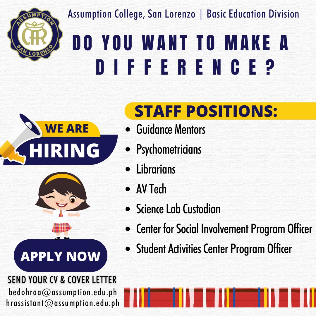 ACBasicEd's tweet image. Do you want to make a difference? Join us!
Send your CV to our recruitment team: 
bedohraa@assumption.edu.ph
OR
hrassistant@assumption.edu.ph

For more inquiries, you may contact the Admin Staff at 88170757 local 3111

#AssumptionCollegeSanLorenzo
#AllForJesusinJesus