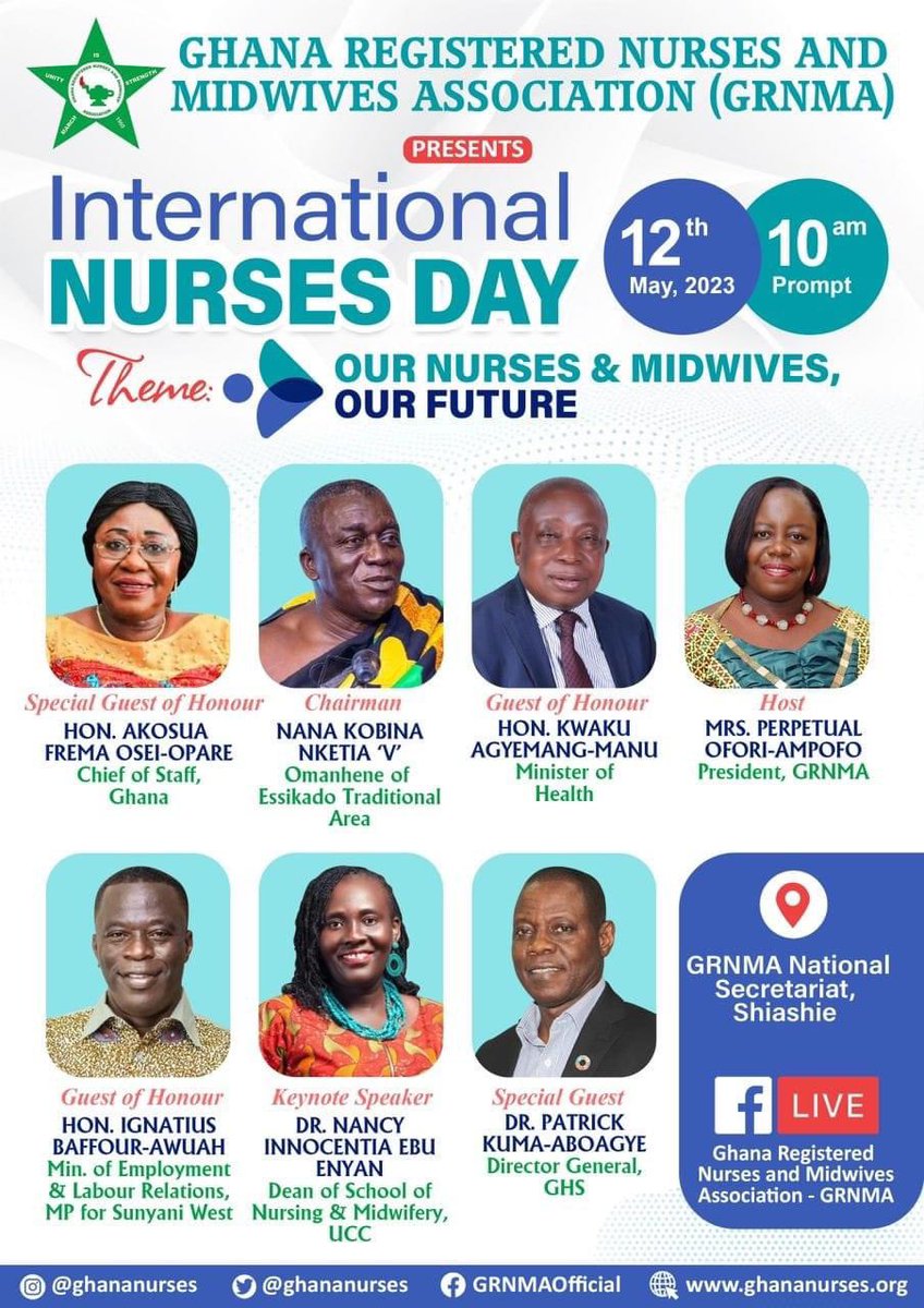 Our nurses &amp; midwives, our future: International nurses day celebration 2023 #ind2023 #Grnma2023IND #ghananurses 
Catch it live here m.facebook.com/events/3546191…