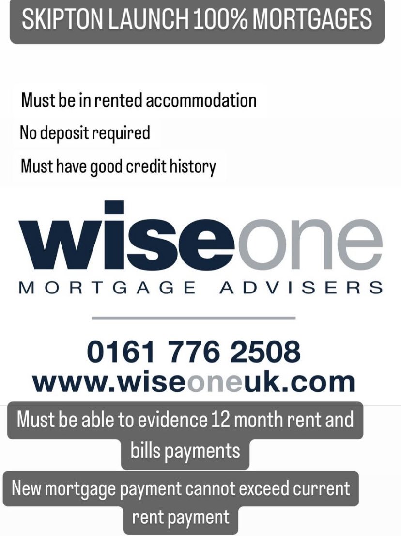 WISEONE_UK's tweet photo. Skipton have launched 100% mortgages, with no deposit required. Get in touch today to find out more. #mortgages #renting #skipton https://t.co/bIjFEhoOsN