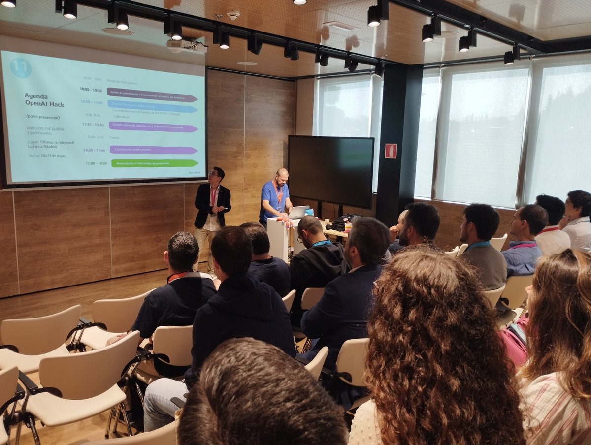 ENCAMINA's tweet photo. Arrancamos el #OpenAIHack en las oficinas de @MicrosoftES con unos equipos de excepción como @Adif_es, @MahouSanMiguel, @GrupoRomeu, @tiba e @idom. Abren sesión @adiazcan, Solveig Moro e Ignacio Dolz. On fire... 🔥🔥🔥 https://t.co/PHLWBlGqZg