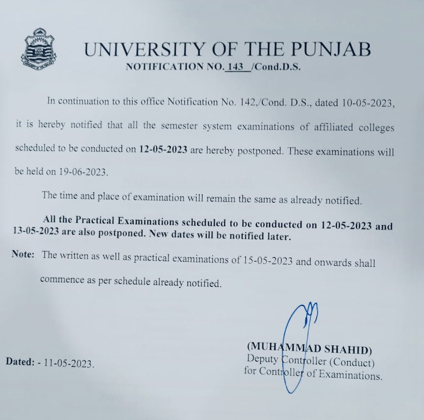 GCbSkp's tweet photo. Punjab University Affiliated Colleges’ BS (4YDP) of 12th May 2023 has been rescheduled on 19th June 2023. https://t.co/Cl6m5m7IHk