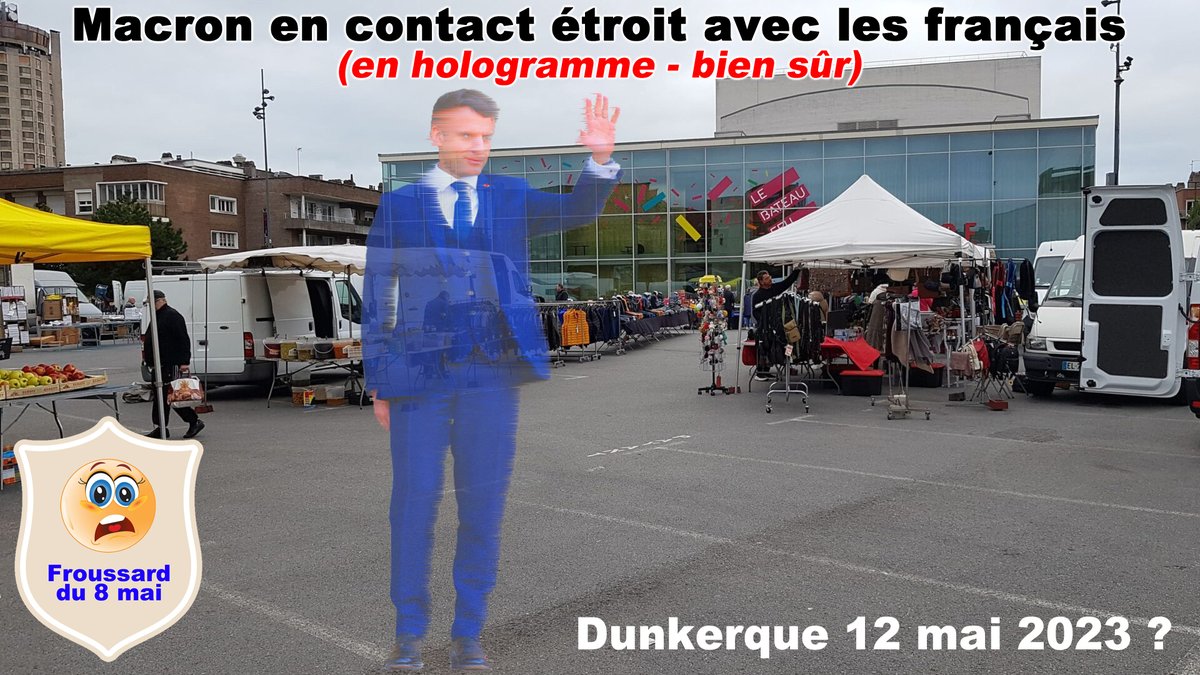 #Dunkerque #12mai : Le #Froussard du #8mai (#ChampsElysées vides !) établira-t-il 1 #contact étroit  en #hologramme ac les #français ?
#ReformeDesRetraites #100joursdezbeul #PartoutToutLeTemps #100jours #Casserolades #Intervilles #Macron