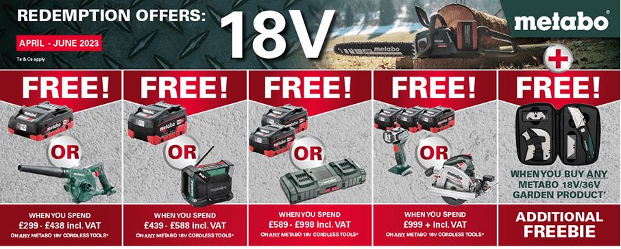 Metabo have a new 18V redemption offer, valid between April 1st  and  June 30th 2023!

Choose between FREE accessories or tools when you spend more than £299 (inc. VAT) on Metabo 18V tools.
 
THE MORE YOU SPEND THE MORE YOU GET!

bit.ly/PTWM18T