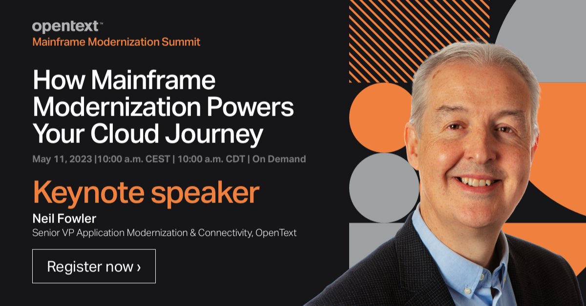DerekBrittonUK's tweet photo. Don't miss TODAY'S keynote at the @OpenText #Mainframe #Modernization Summit, featuring industry expert Neil Fowler - he will discuss the future of mainframe apps in today’s multi-cloud world. #MainframeMod23 #cloud  #MyCompany https://t.co/et21AsXXHJ https://t.co/II3uzl6oaZ