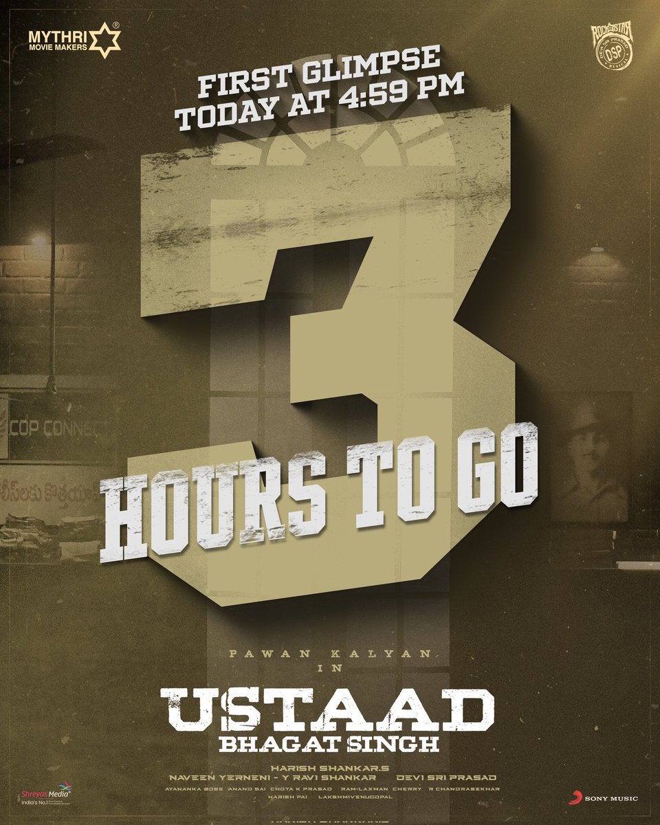 MythriOfficial's tweet photo. Witness the Fierce Fire in 3 hours 🔥🔥🔥
#UBSMassGlimpse today at 4.59 PM ❤️🔥
Stay tuned to https://t.co/sF5UhALR3E 💥💥
#UstaadBhagatSingh ❤️🔥
@PawanKalyan @harish2you @sreeleela14 @ThisIsDSP @DoP_Bose #AnandSai @ChotaKPrasad @SonyMusicSouth @UBSTheFilm https://t.co/S3nqu5AazM