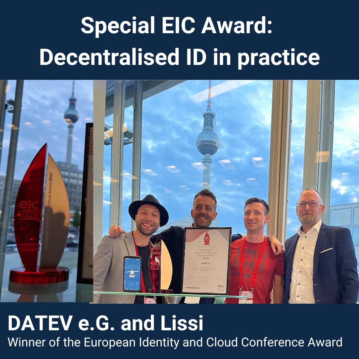 We just won the #EIC'23 award for decentralised identity in practice together with <a href="/DATEV/">DATEV</a>! Our collaboration for employee access mgmt resulted in 500K credentials issued using <a href="/IDunion_SCE/">IDunion</a>  infrastructure. 

The use case saved €2.1M &amp; was implemented in 4 weeks! #Lissi #Wallet