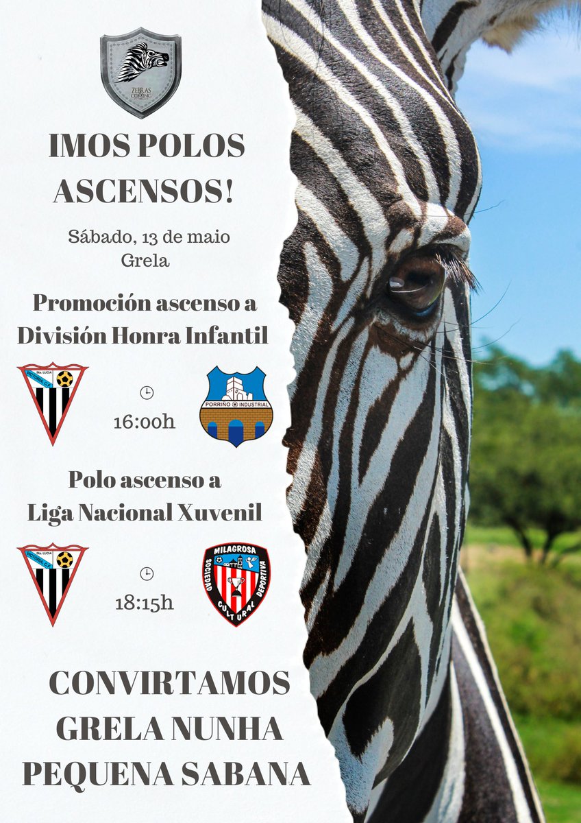 VictoriaCF1943's tweet photo. 🔝 Imos polos Ascensos!
📅 Sábado 13 de Maio
🏟️ Grela

⌚16:00h 
🏆 Promoción de Ascenso a División Honra Infantil 

🦓 Infantil A - @PorrinoIndCF

⌚ 18:15h
🏆 Polo Ascenso a Liga Nacional Xuvenil

🦓 Xuvenil A - @scd_milagrosa

Fagamos da Grela unha pequena Sabana!!
#GoCebras https://t.co/748qQ2QZO6