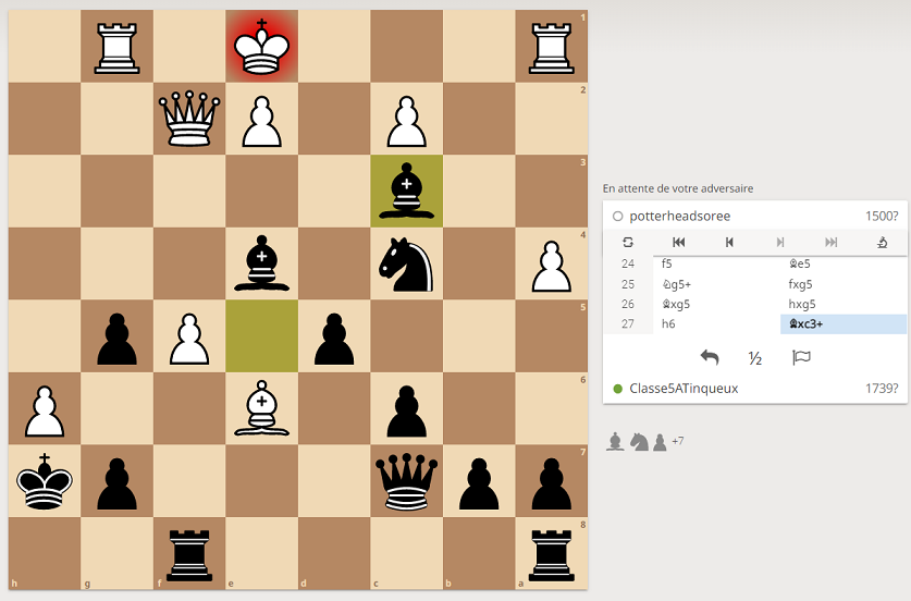 Bonjour <a href="/potterheadsoree/">Catherine Chotard</a>, contents de vous retrouver !
Nous jouons Fou prend pion en c3 échec.
#Quotichess