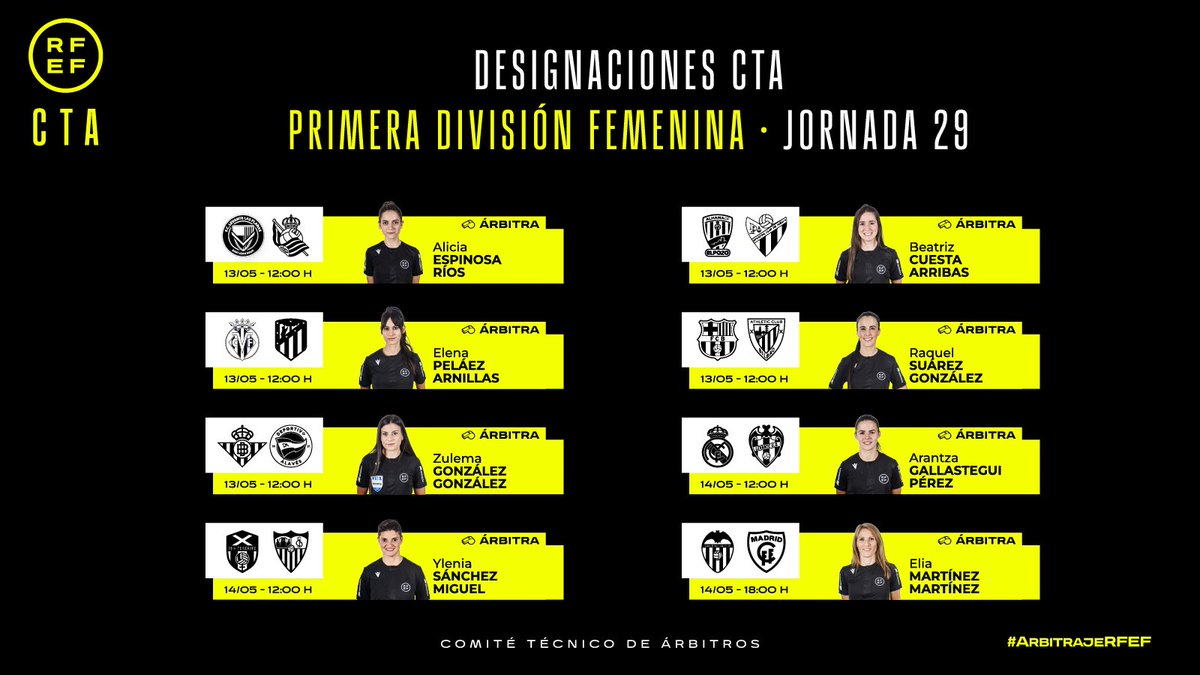 ⚖️ ÁRBITRAS | Estas son las colegiadas designadas para la jornada 2️⃣9️⃣en 𝐏𝐫𝐢𝐦𝐞𝐫𝐚 División Femenina.

🟨🟥 Designaciones completas: bit.ly/DesignacionesJ…

#ArbitrajeRFEF