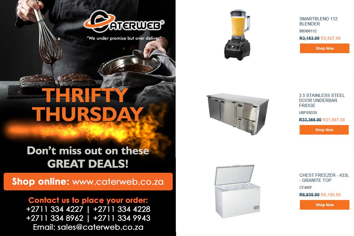 Caterweb's tweet photo. Don't miss out on this weeks great Thrifty Thursday deals!🔥

Upgrade your equipment with our discounted prices, visit our website: https://t.co/wTbsIgxOvS

#caterweb #thriftythursday #weeklydeals #catering #cateringequipment #sale #discount #refridgeration #kitchen #restaurant https://t.co/NoFvPzDqCW